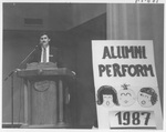 Announcer at the Alumni Talent Show in 1987 by George Fox University Archives